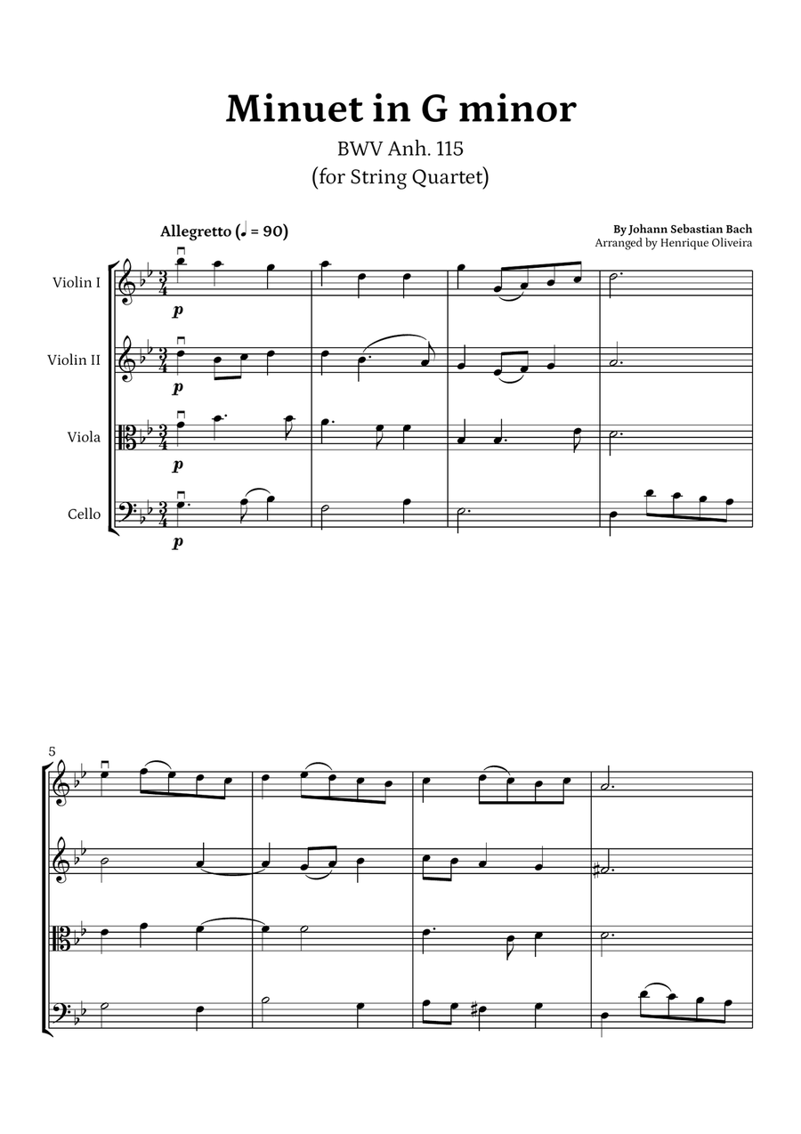 Minuet in G minor, BWV Anh. 115 (String Quartet) - J. S. Bach String Quartet scores gallery preview page 1