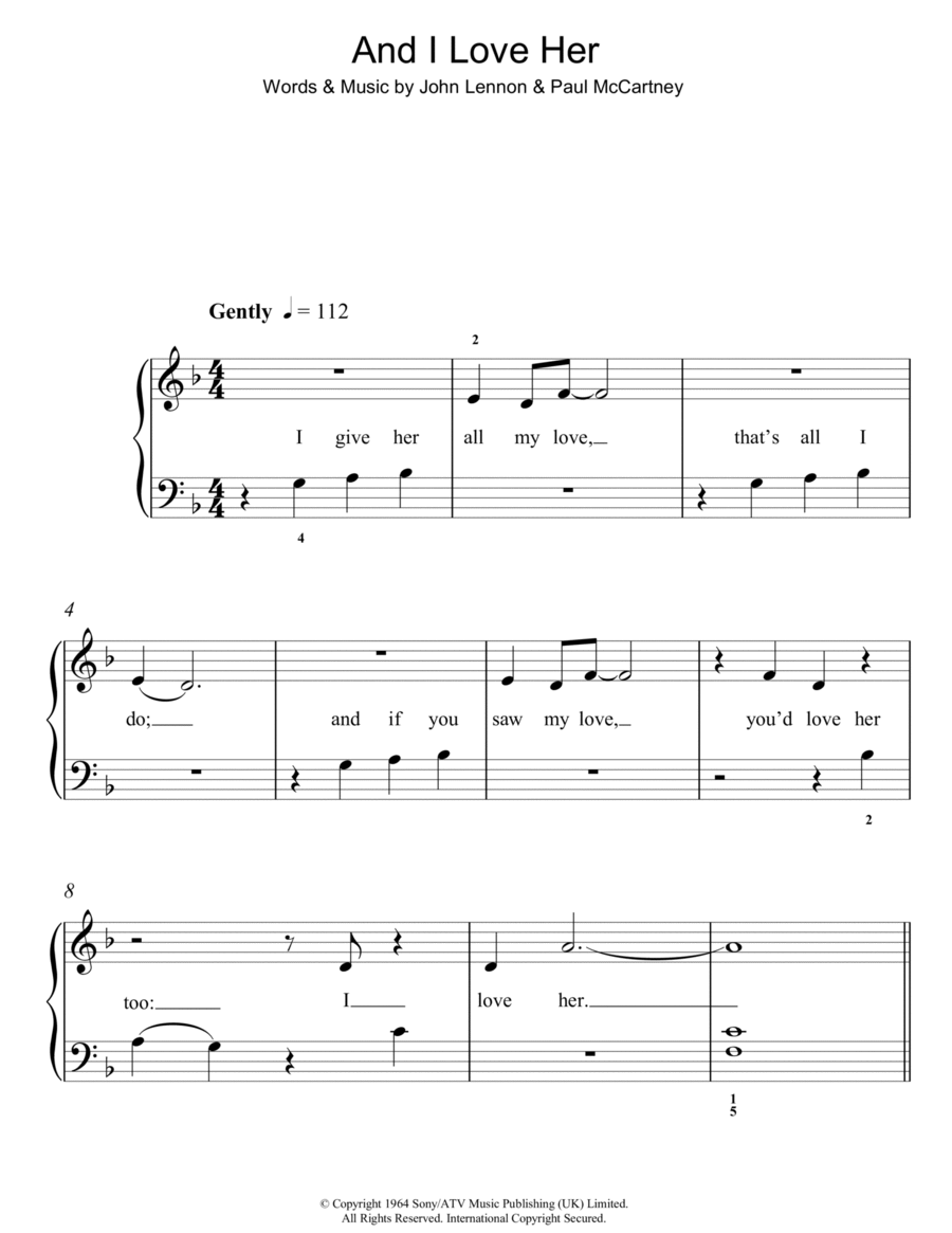 And I Love Her Easy Piano scores gallery preview page 1