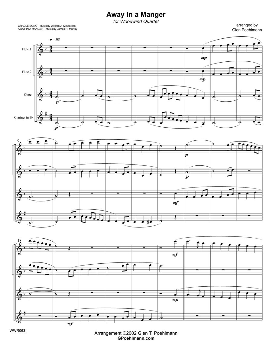 AWAY IN A MANGER - WOODWIND QUARTET (2 Flutes, Oboe & Clarinet) Woodwind Quartet scores gallery preview page 1