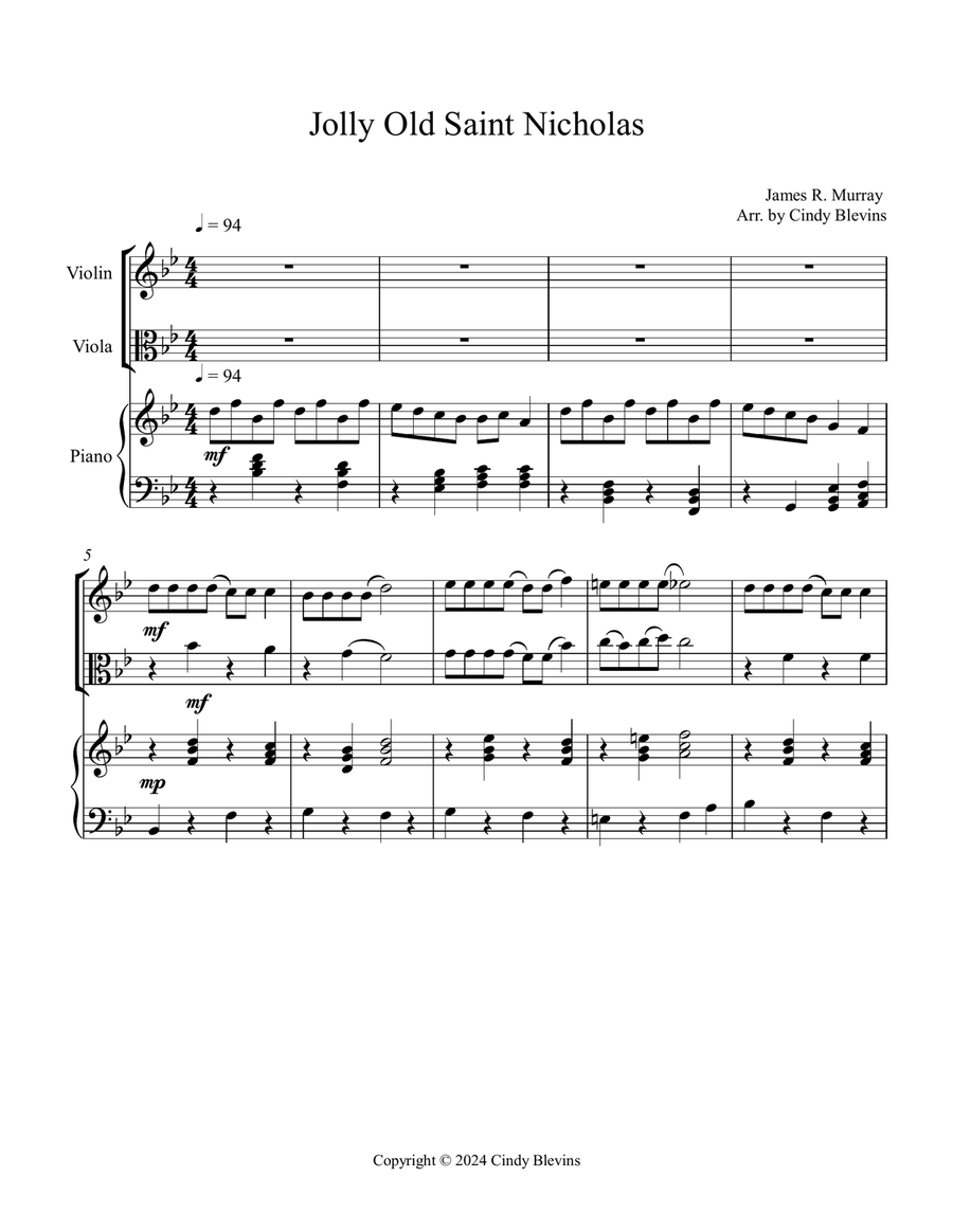 Jolly Old Saint Nicholas, for Violin, Viola and Piano Violin scores gallery preview page 2