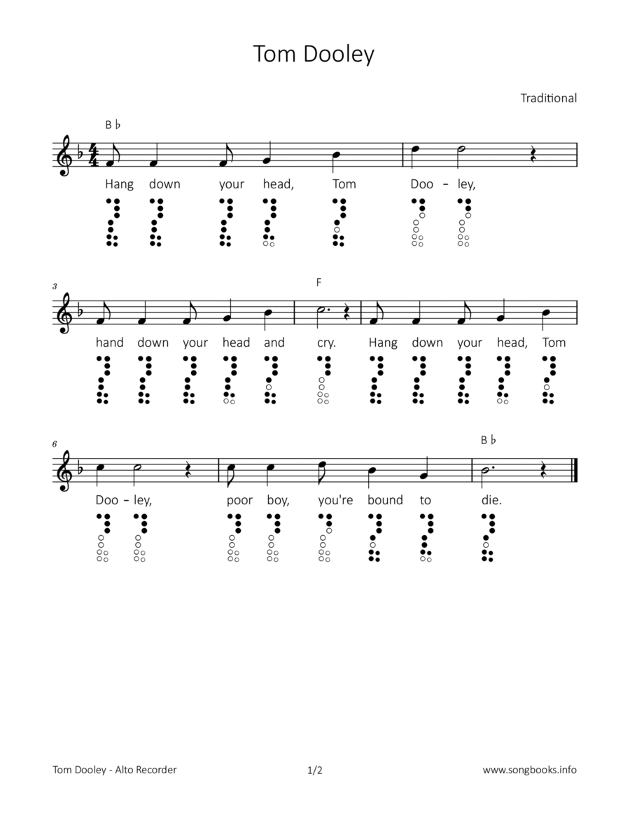 Tom Dooley Alto Recorder scores gallery preview page 1