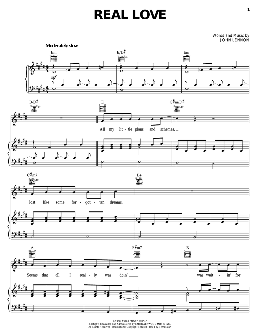Real Love Piano, Vocal, Guitar scores gallery preview page 1