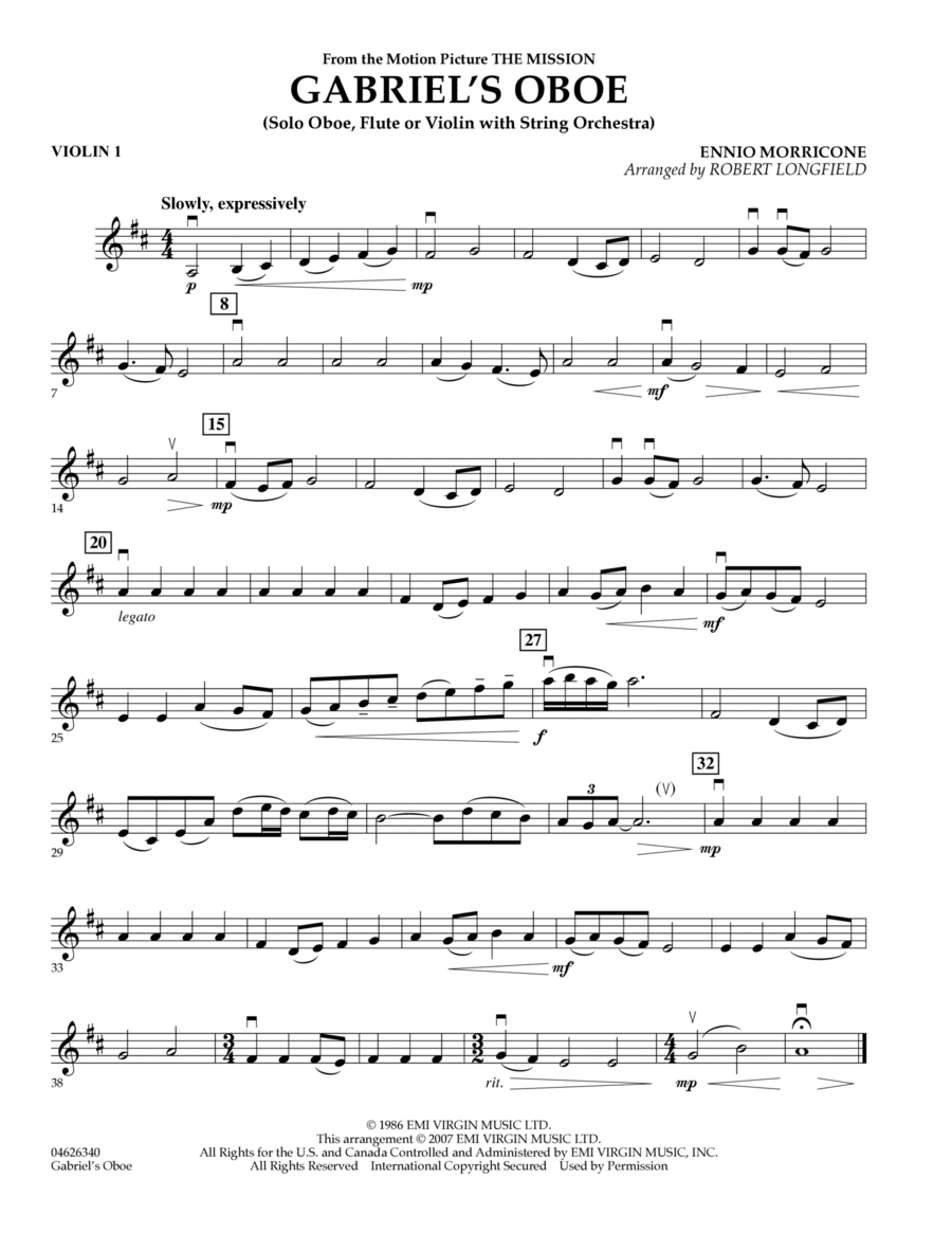 Gabriel's Oboe (from The Mission) - Violin 1 Violin scores gallery preview page 1