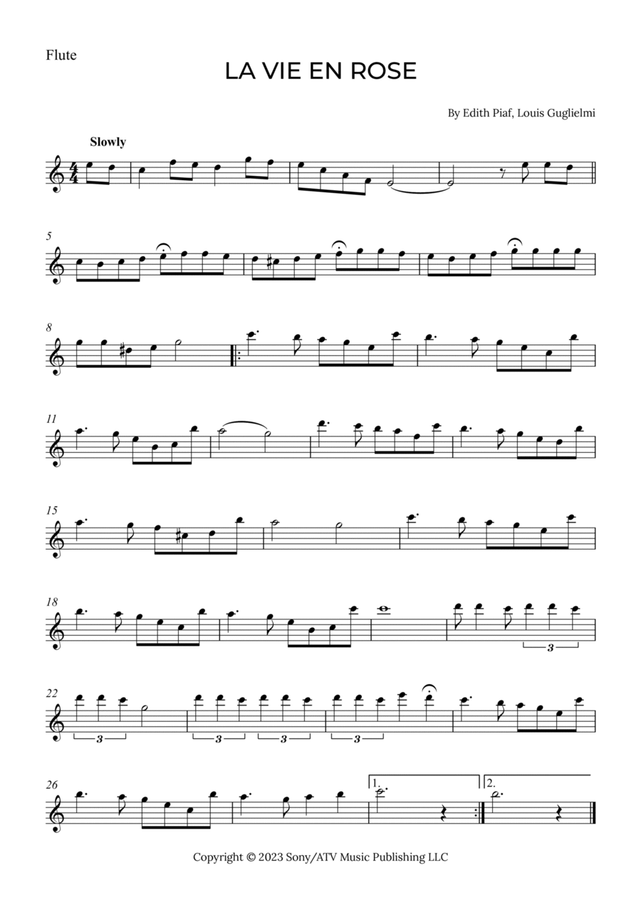 La Vie En Rose Flute Solo scores gallery preview page 1