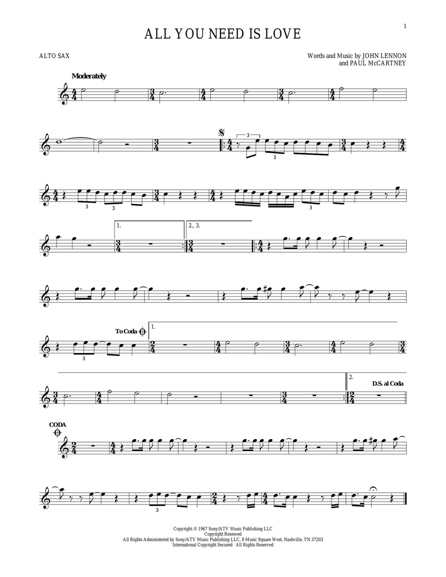All You Need Is Love Alto Saxophone scores gallery preview page 1