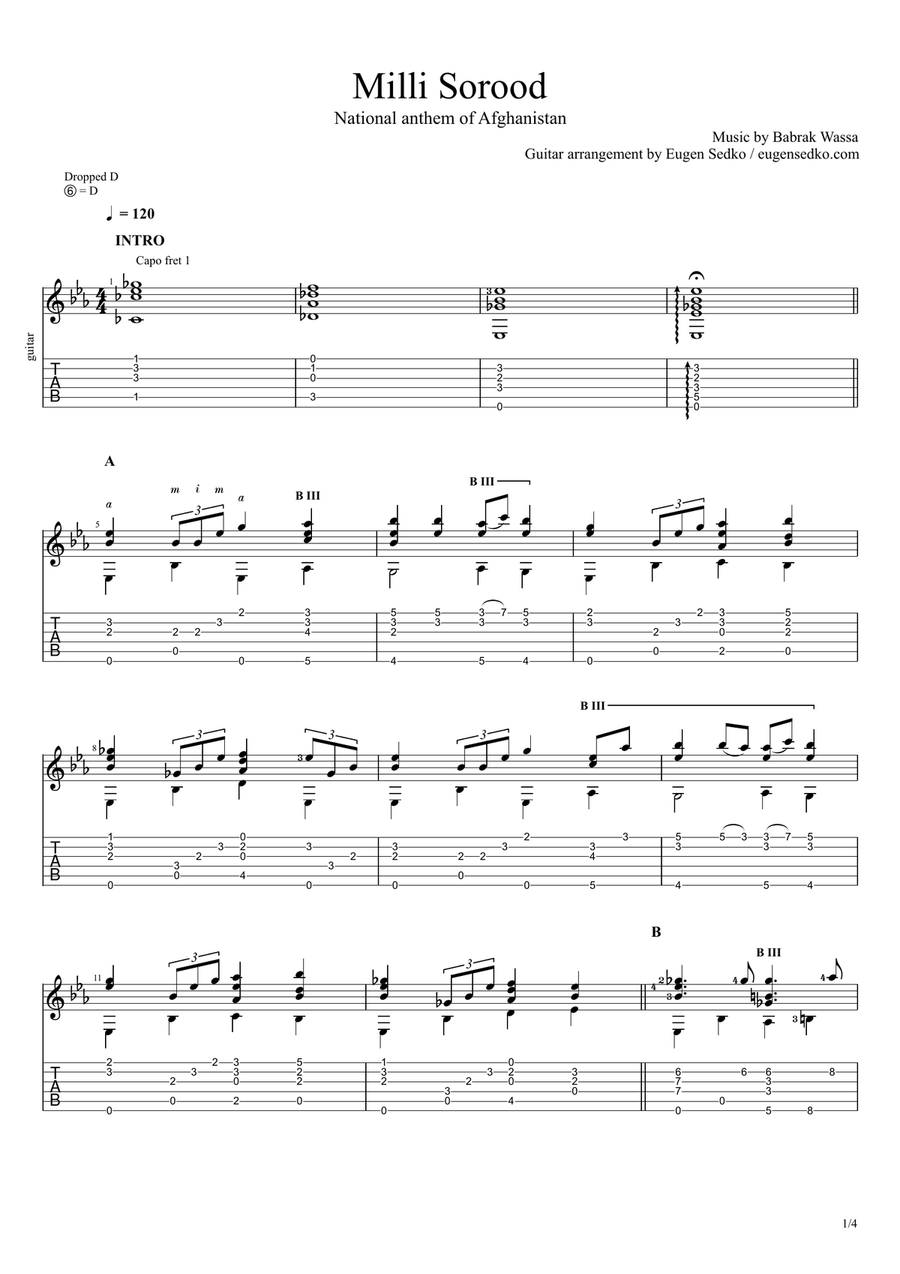 Milli Sorood (ملی سرود) - national anthem of Afghanistan for solo guitar notes & tabs Guitar Tablature scores gallery preview page 1