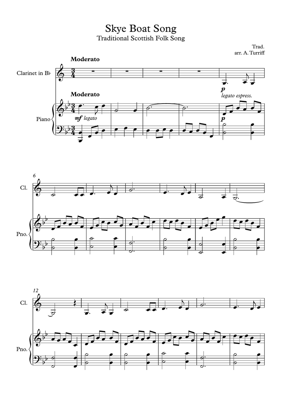 Skye Boat Song (Outlander theme tune) - Clarinet and Piano (Score and Parts)