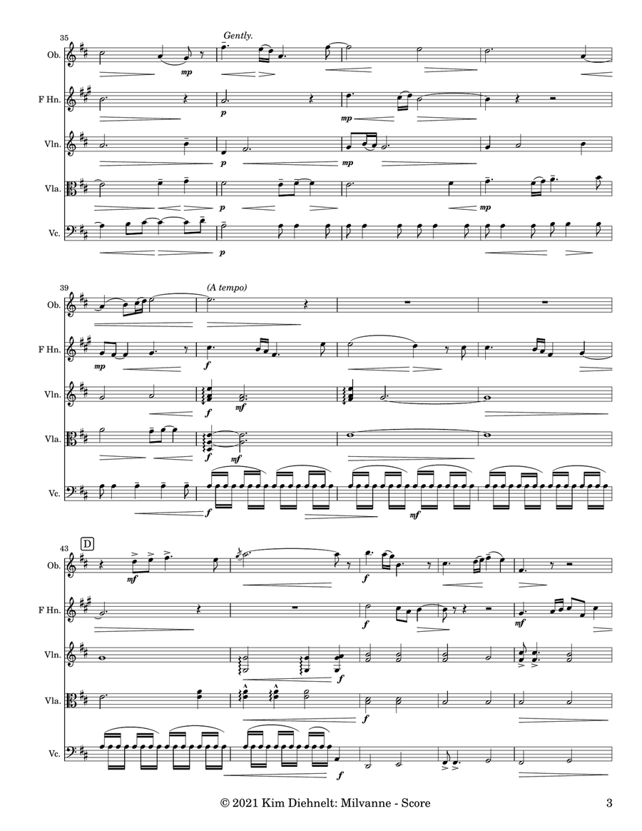 Diehnelt: Milvanne for Oboe, Horn, and String Trio Small Ensemble scores gallery preview page 5