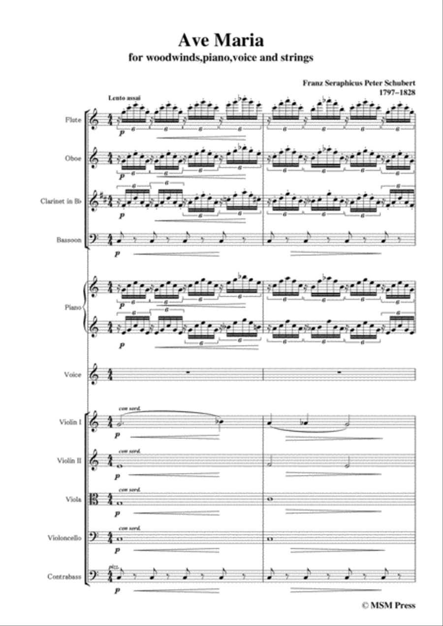 Schubert-Ave Maria in C Major,for woodwinds,piano,voice and strings Voice scores gallery preview page 3