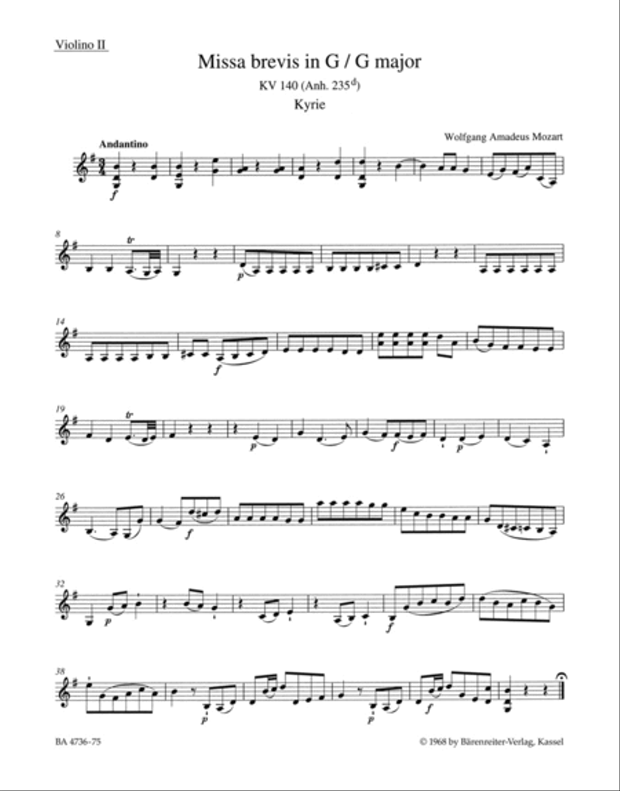 Missa brevis G major, KV 140 (Anh. 235d) Violin scores gallery preview page 1