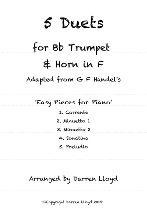 Book cover for 5 Duets for Bb Trumpet & Horn in F. Adapted from G F Handel's 'Easy Pieces for Piano'