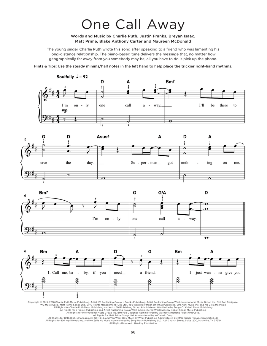 One Call Away Easy Piano scores gallery preview page 1