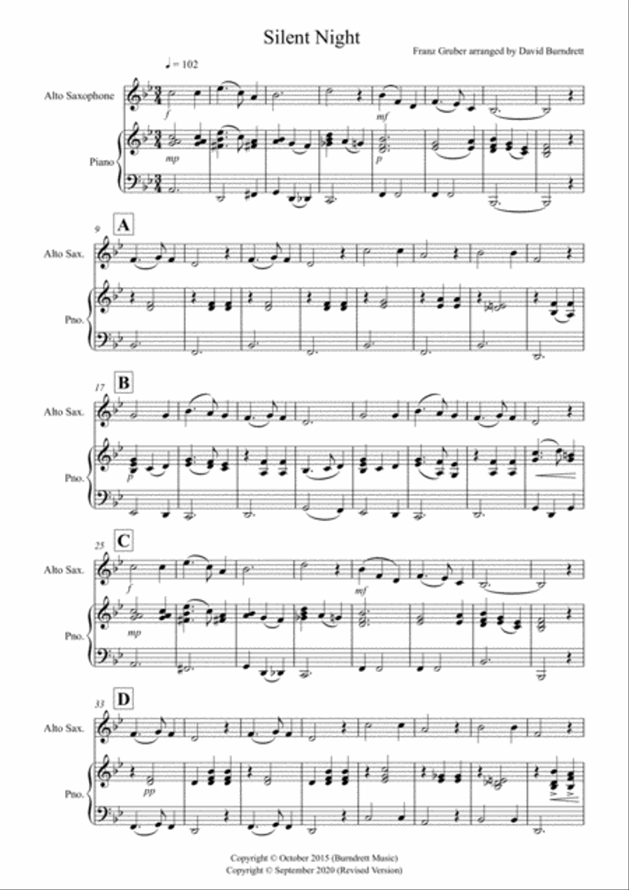 Silent Night for Alto Saxophone and Piano Alto Saxophone scores gallery preview page 1