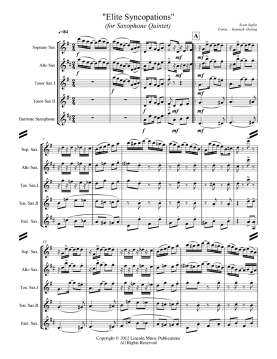 Joplin - “Elite Syncopations” (for Saxophone Quintet SATTB) Saxophone Quintet scores gallery preview page 2