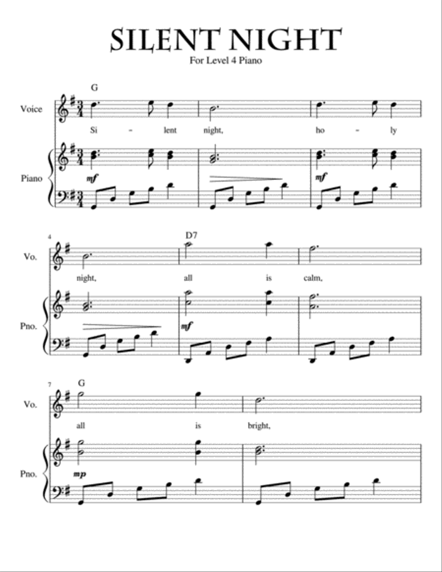Silent Night For Early Intermediate Level Four Piano Voice scores gallery preview page 1