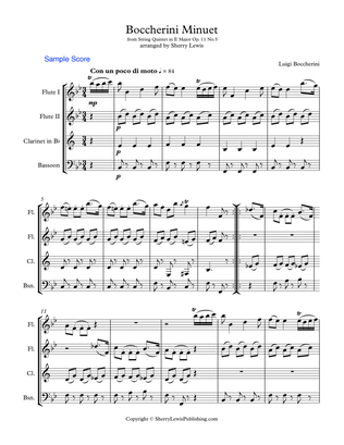 Book cover for BOCCHERINI MINUET - (Minuet Op. 11 No. 5) for Woodwind Quartet, Intermediate Level for 2 flutes, cla
