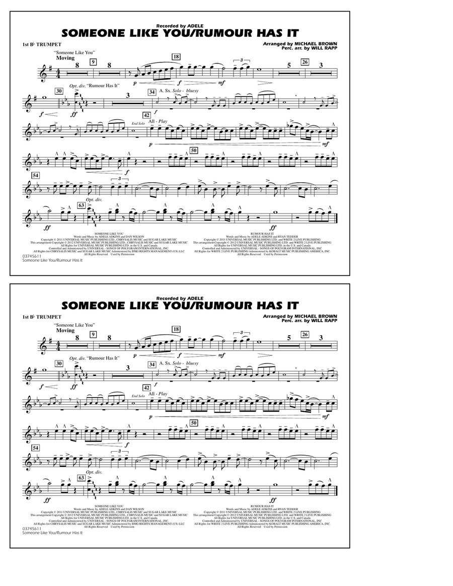 Someone Like You/Rumour Has It - 1st Bb Trumpet Marching Band scores gallery preview page 1