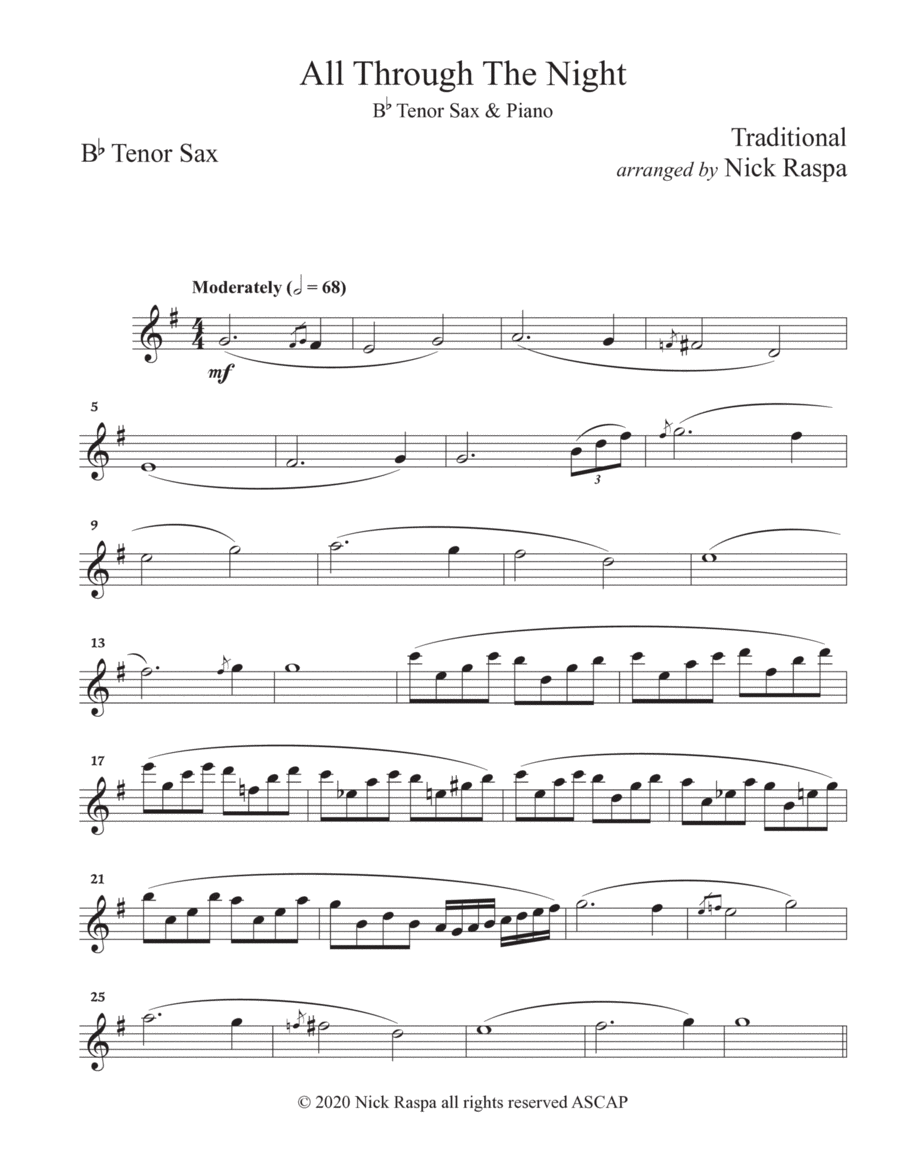 All Through The Night (Tenor Sax & Piano) - Tenor Sax part Tenor Saxophone scores gallery preview page 1