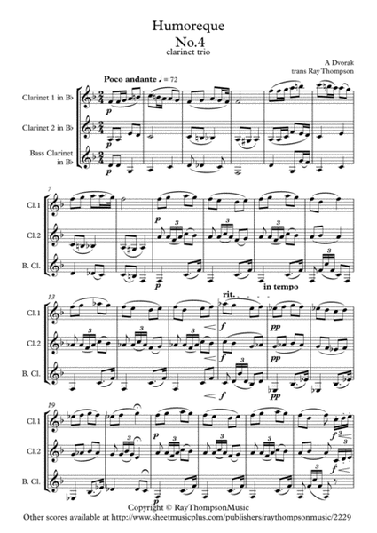 Dvorak: Humoresques Op.101 No.4 - clarinet trio (2 Bb and bass) image number null
