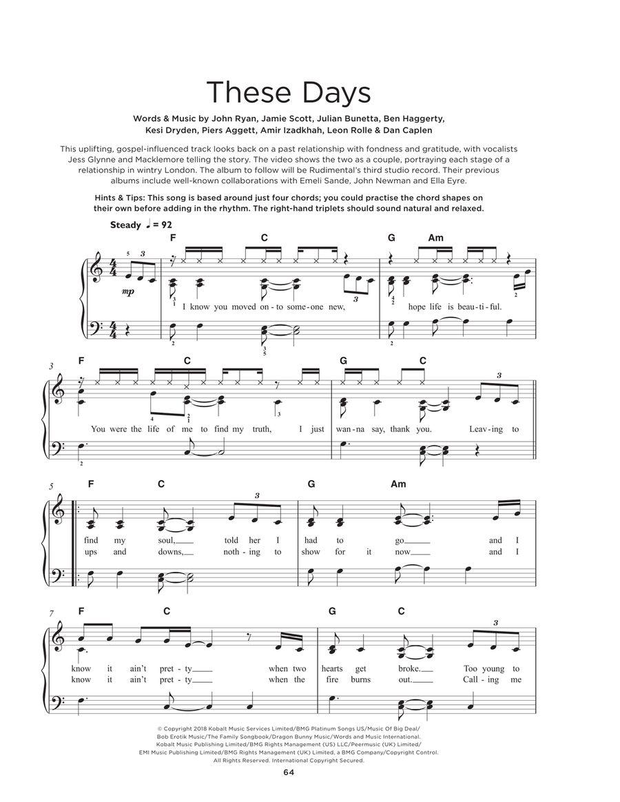 These Days (feat. Jess Glynne, Macklemore & Dan Caplen) Easy Piano scores gallery preview page 1