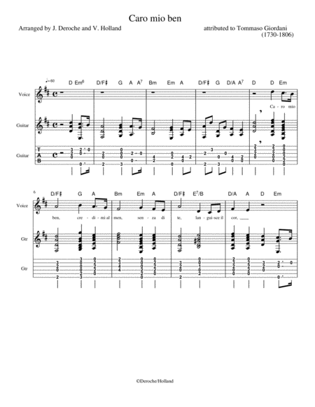 "Caro mio ben" for voice and guitar with tabs