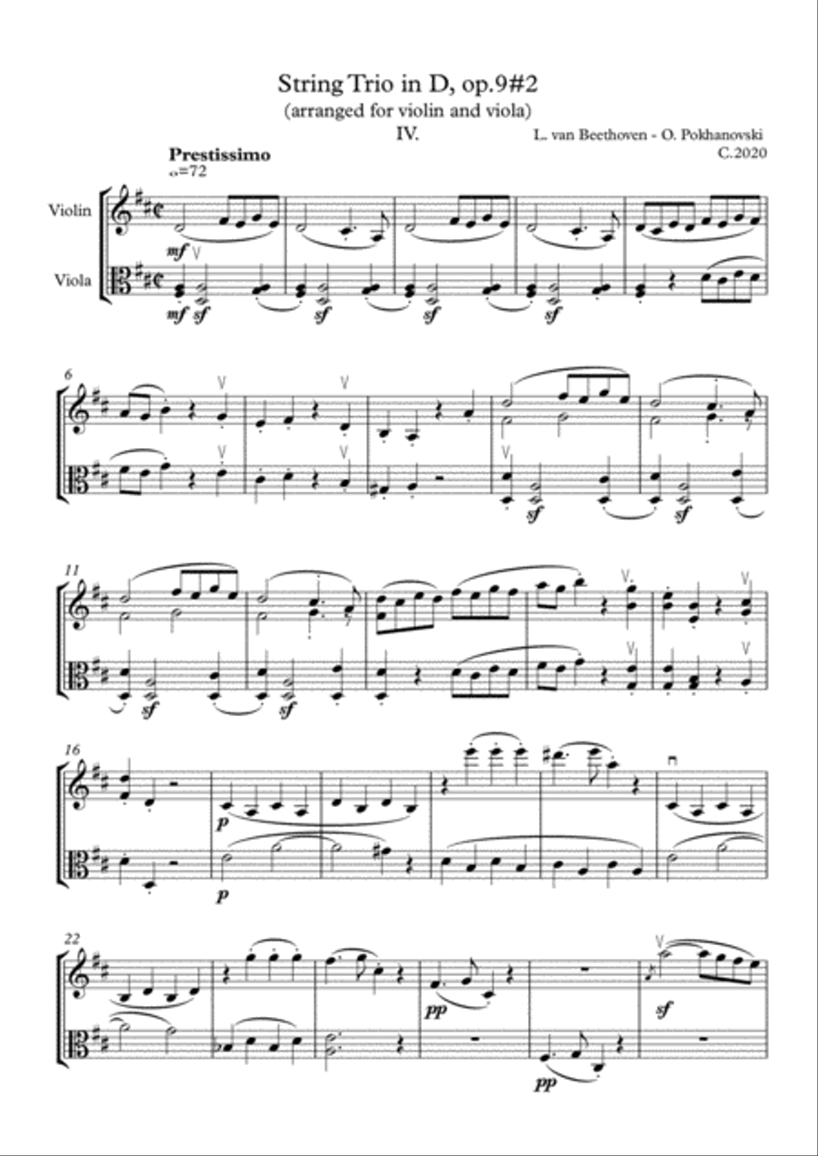Beethoven-Pokhanovski String Trio in D, op.9#2, 4th movement (arranged for violin and viola) String Duet scores gallery preview page 1