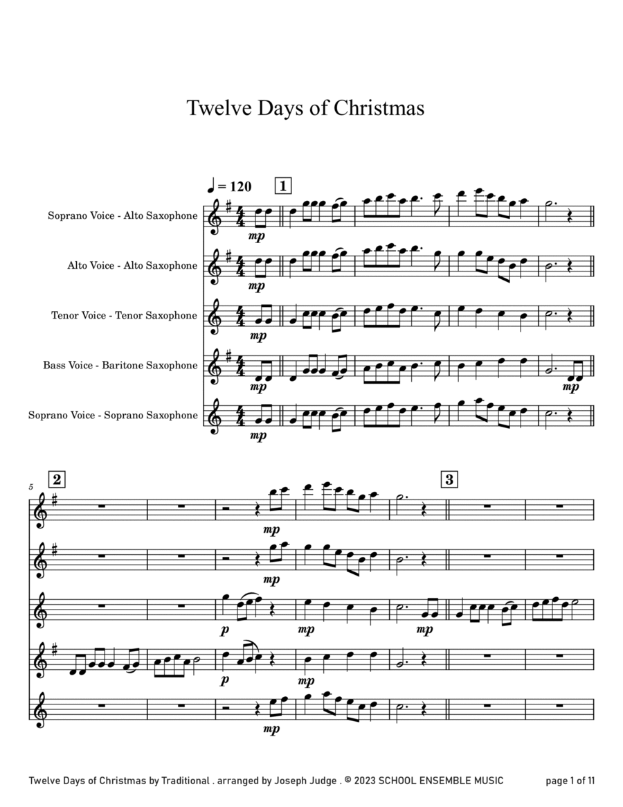 Twelve Days Of Christmas for Saxophone Quartet in Schools image number null