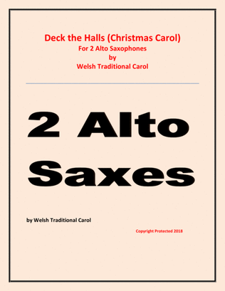 Deck the Halls - Welsh Traditional - Chamber music - Woodwind - 2 Alto Saxes Easy level