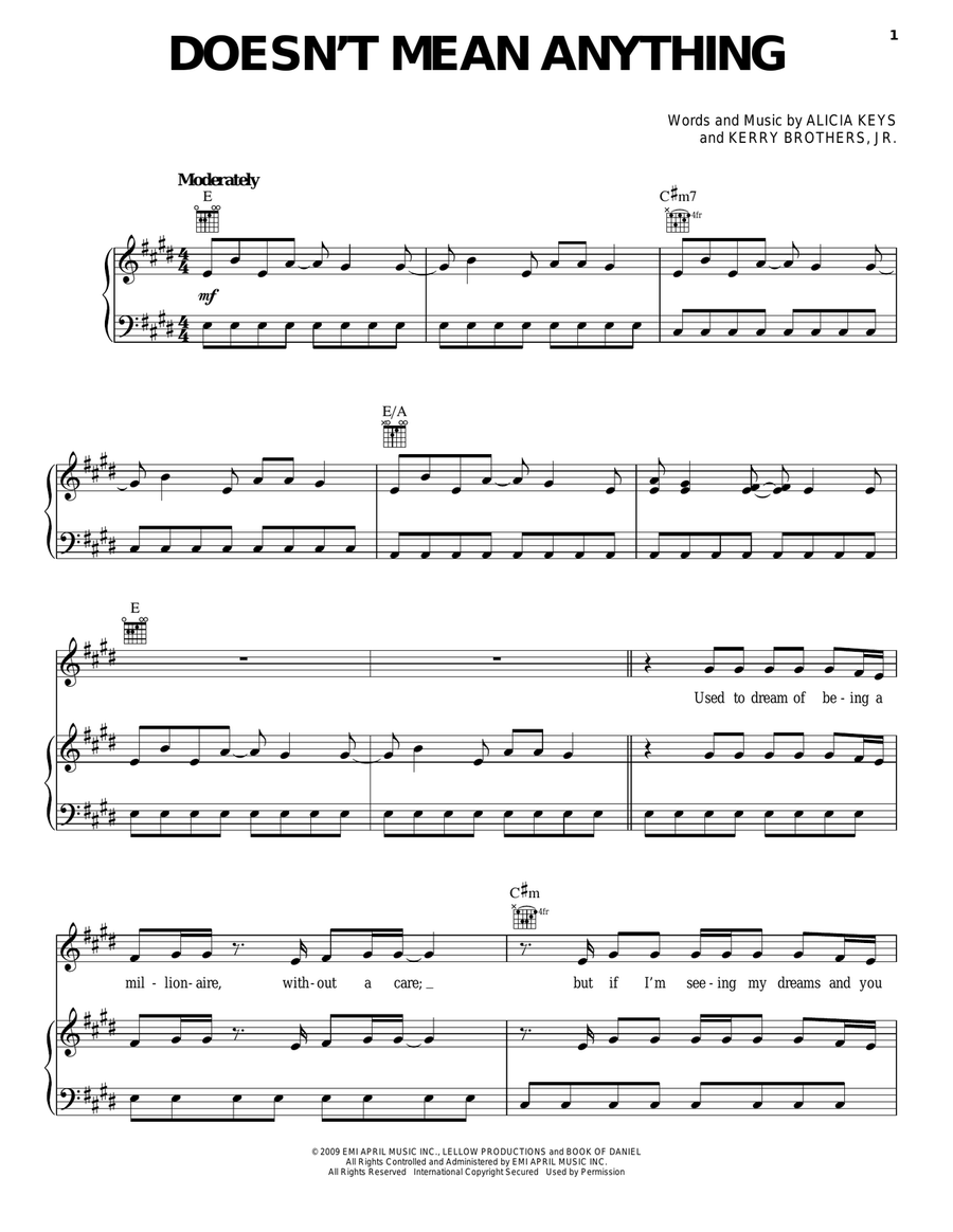Doesn't Mean Anything Piano, Vocal, Guitar scores gallery preview page 1