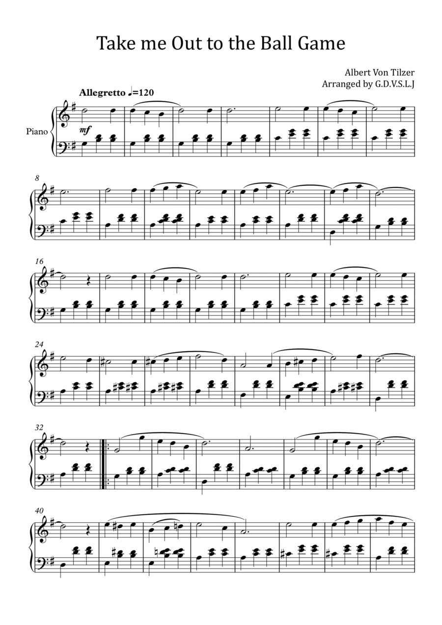 Take me Out to the Ball Game in G Easy Piano scores gallery preview page 1