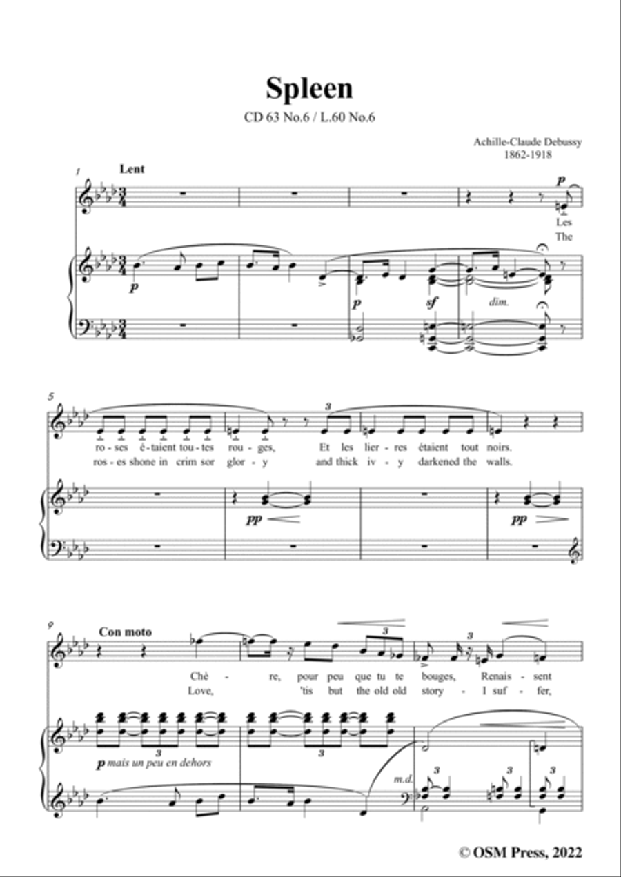 Debussy-Spleen(Aquarelles II),CD 63 No.6,in f minor,from 'Ariettes oubliées,CD 63',for Voice and Pia Voice scores gallery preview page 3