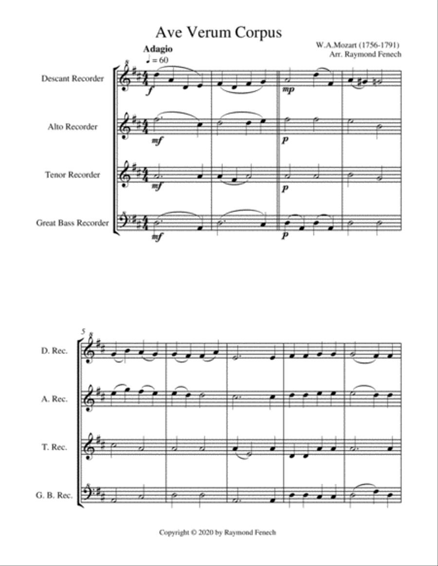 Ave Verum Corpus - Recorder Choir Quartet - Intermediate level Recorder scores gallery preview page 5