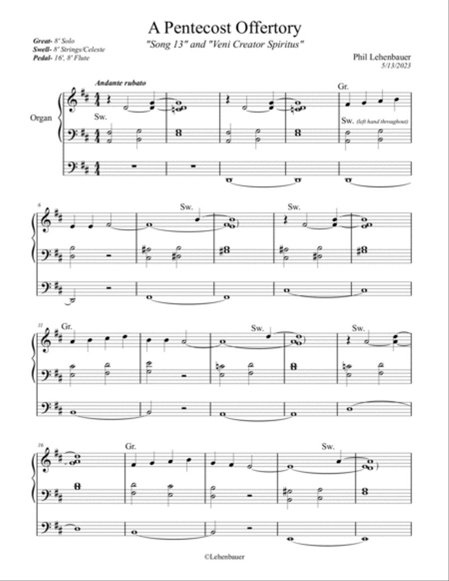 A Pentecost Offertory (Song 13/Veni Creator Spiritus), organ work by Phil Lehenbauer Organ Solo scores gallery preview page 2