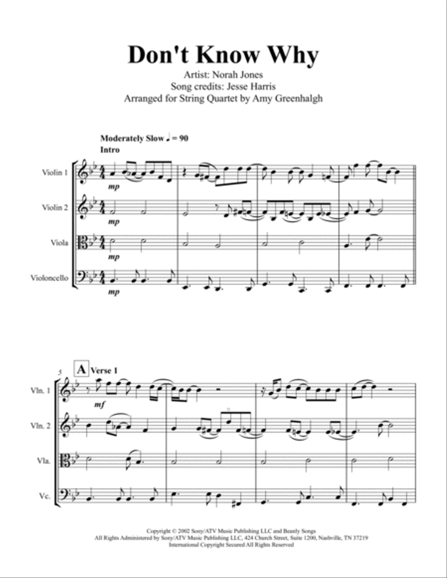 Don't Know Why String Quartet scores gallery preview page 3
