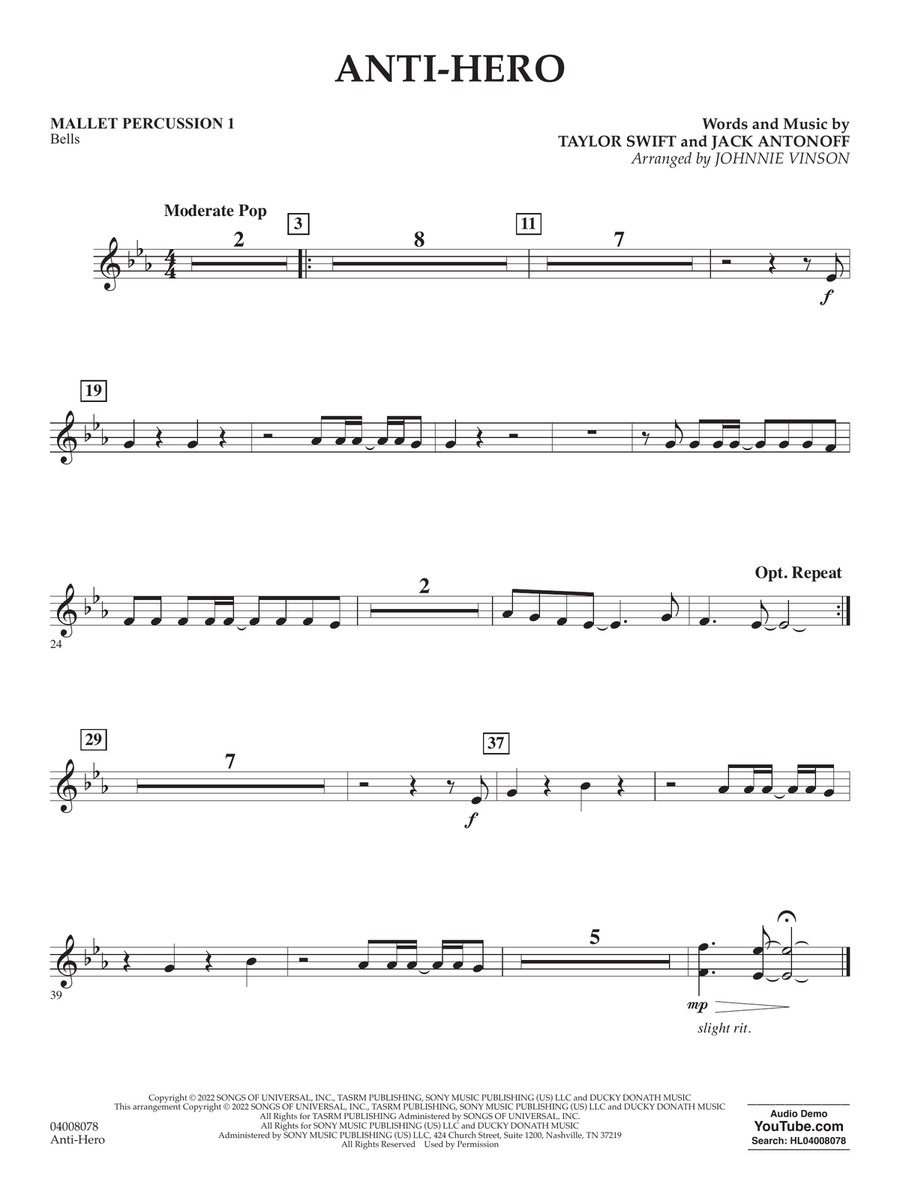 Anti-Hero (arr. Johnnie Vinson) - Mallet Percussion 1 Concert Band scores gallery preview page 1