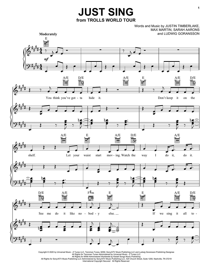 Just Sing (from Trolls World Tour) Piano, Vocal, Guitar scores gallery preview page 1