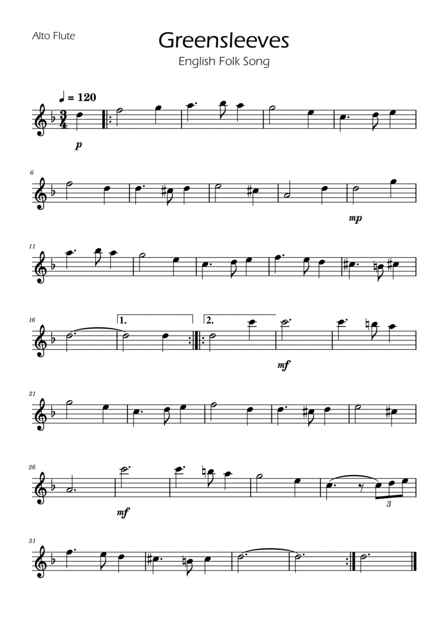 Greensleeves - Alto Flute Flute Solo scores gallery preview page 1
