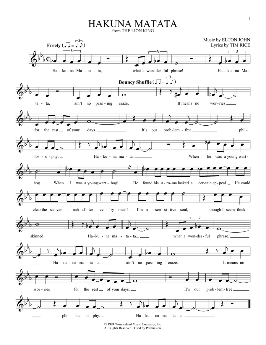 Hakuna Matata (from The Lion King) Ocarina scores gallery preview page 1
