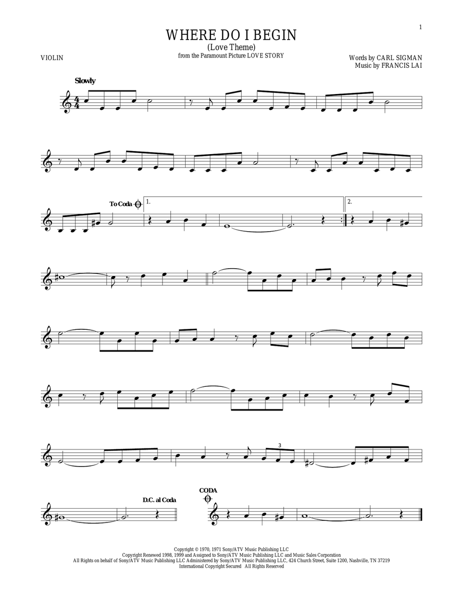 Where Do I Begin (Love Theme) Violin Solo scores gallery preview page 1