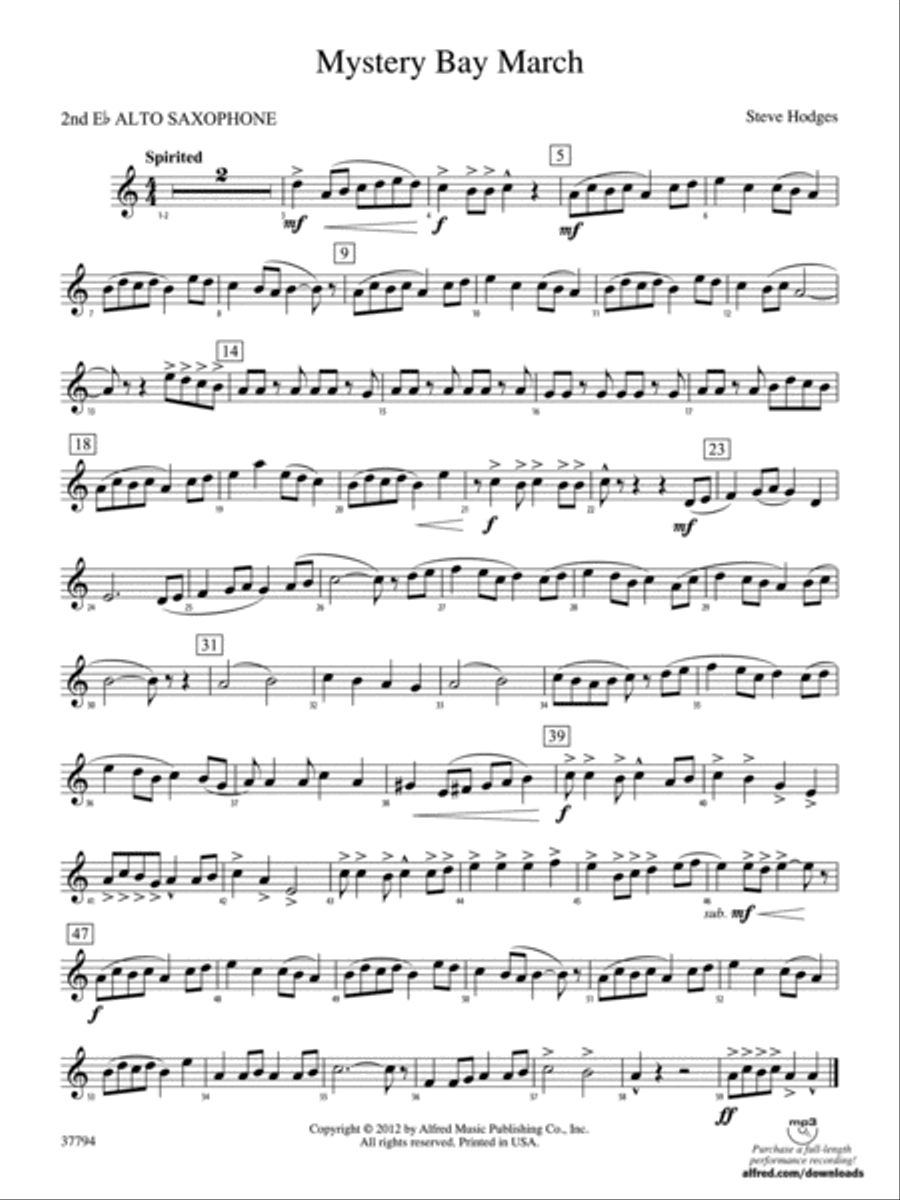 Mystery Bay March: 2nd E-flat Alto Saxophone Concert Band scores gallery preview page 1