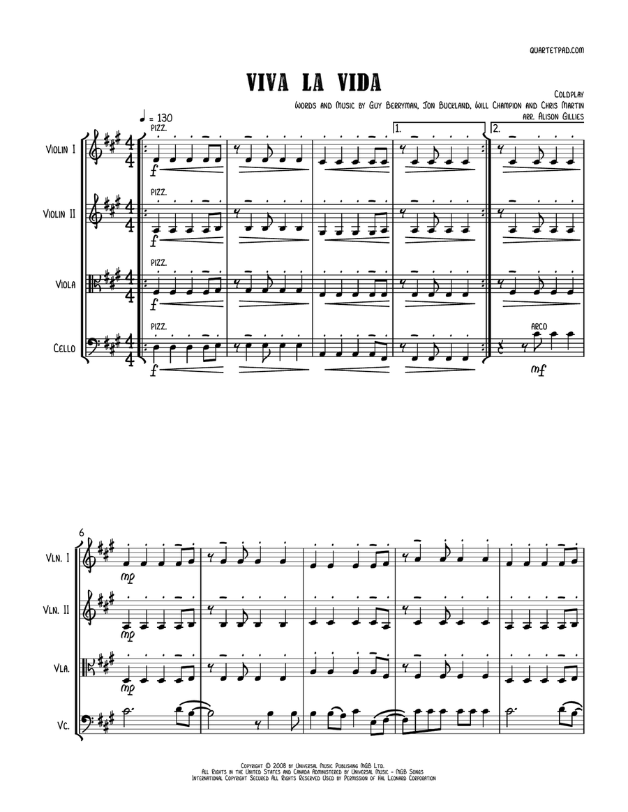 Viva La Vida String Quartet scores gallery preview page 1