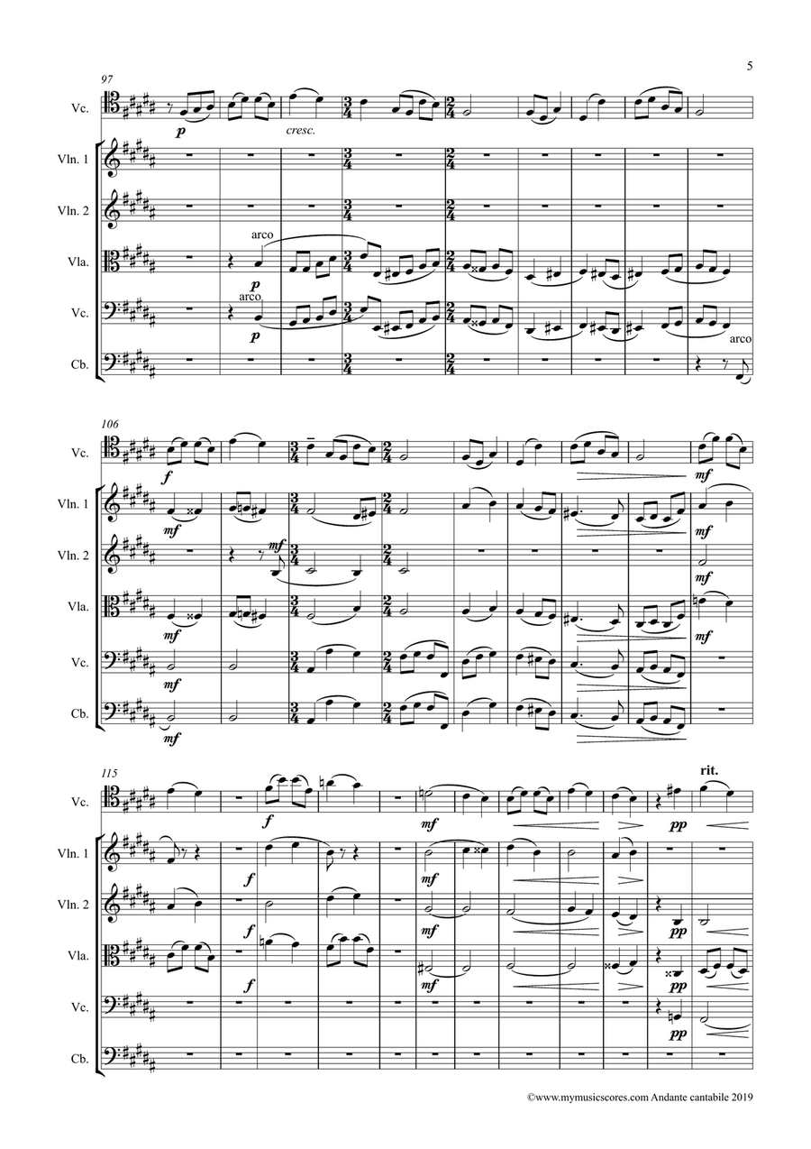 Tchaikovsky Andante Cantabile for Cello and Orchestra String Orchestra scores gallery preview page 6