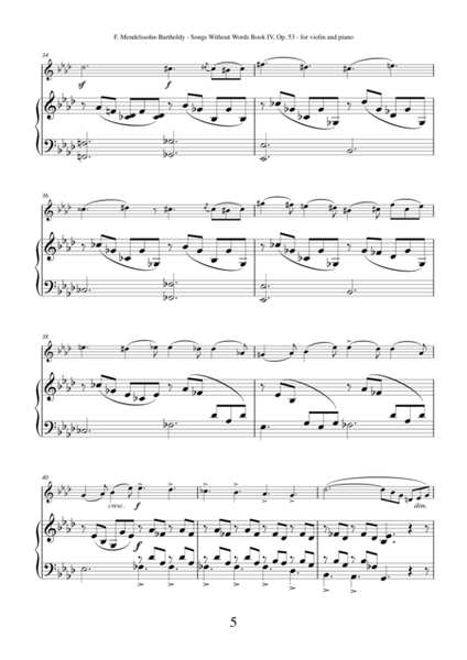 Mendelssohn Songs Without Words Op. 53, Book IV transcription for violin and piano