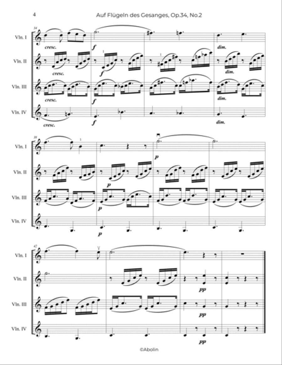 Mendelssohn: On Wings of Song, Op.34, No.2 - arr. for Violin Quartet String Quartet scores gallery preview page 5