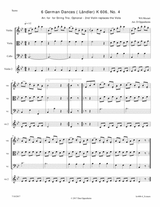 Book cover for Mozart: 6 German Dances K 606 No. 4 arr. for String Trio; Optional - 2nd Violin replaces the Viola