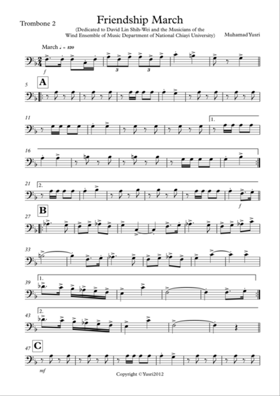 Friendship March (Trombone 2 Part) Concert Band scores gallery preview page 1
