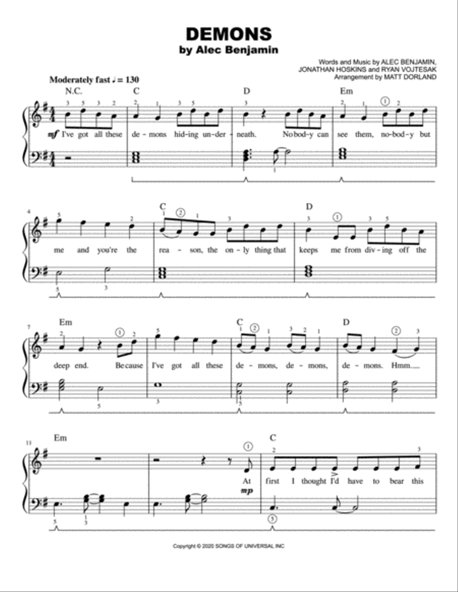 Demons Easy Piano scores gallery preview page 1