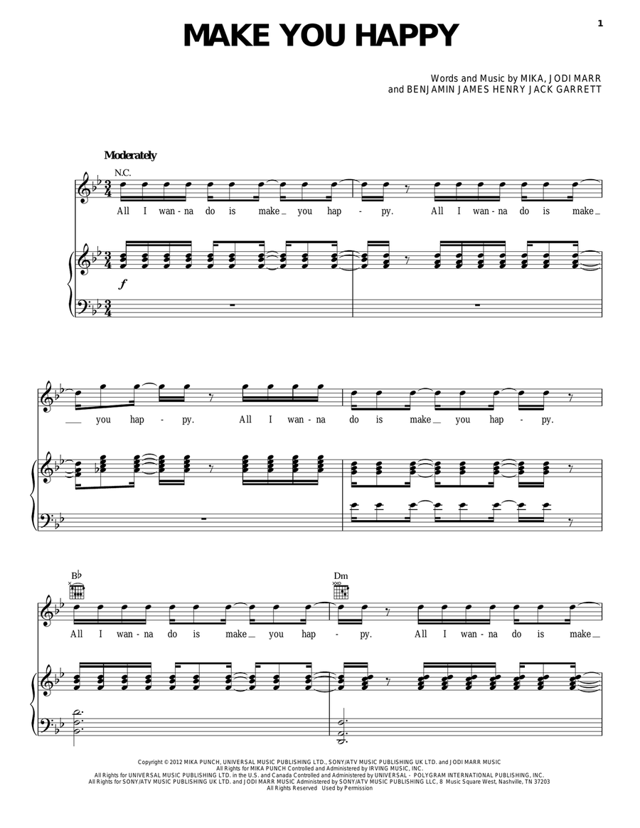 Make You Happy Piano, Vocal, Guitar scores gallery preview page 1