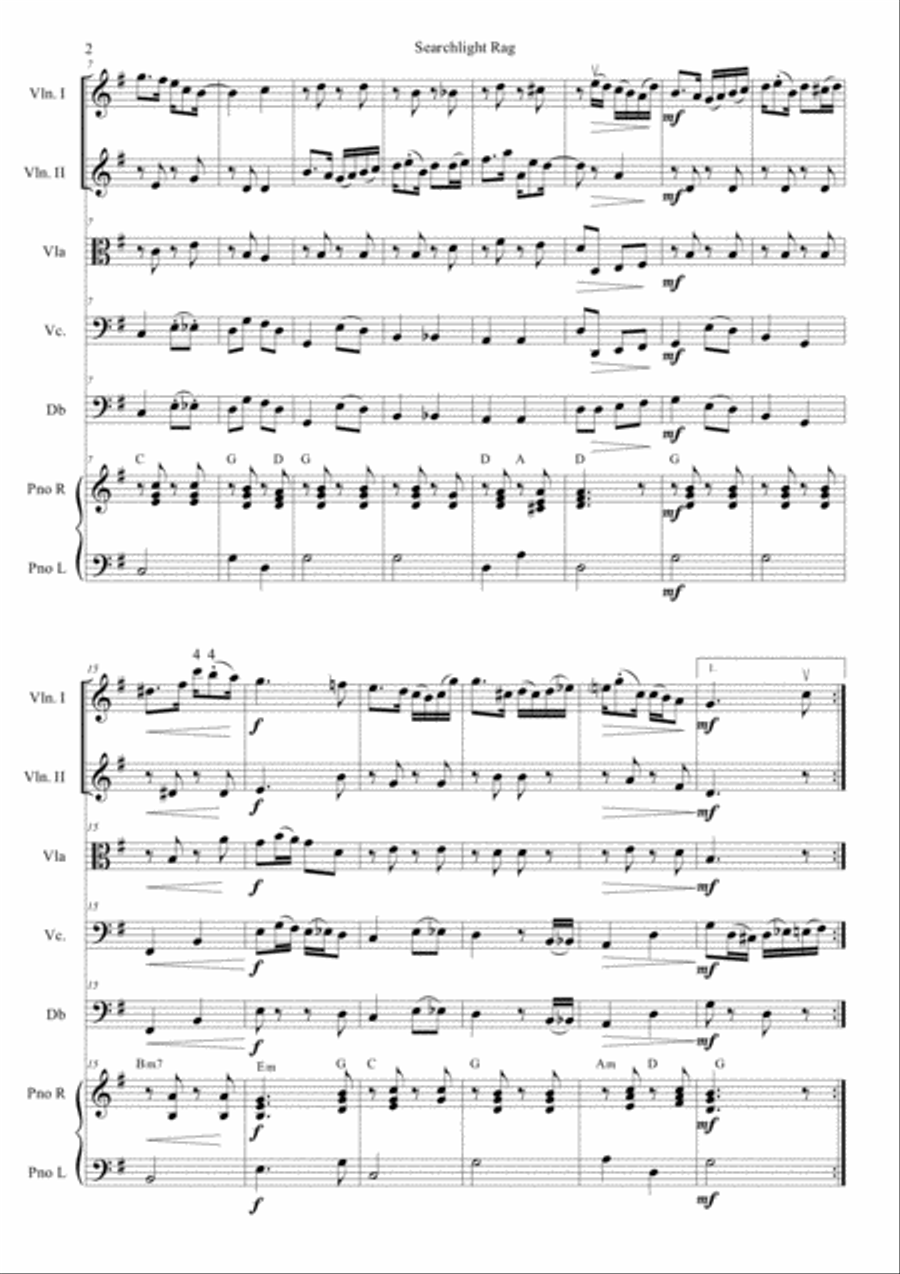 Searchlight Rag - Scott Joplin for string quartet/orchestra with optional piano Cello scores gallery preview page 2