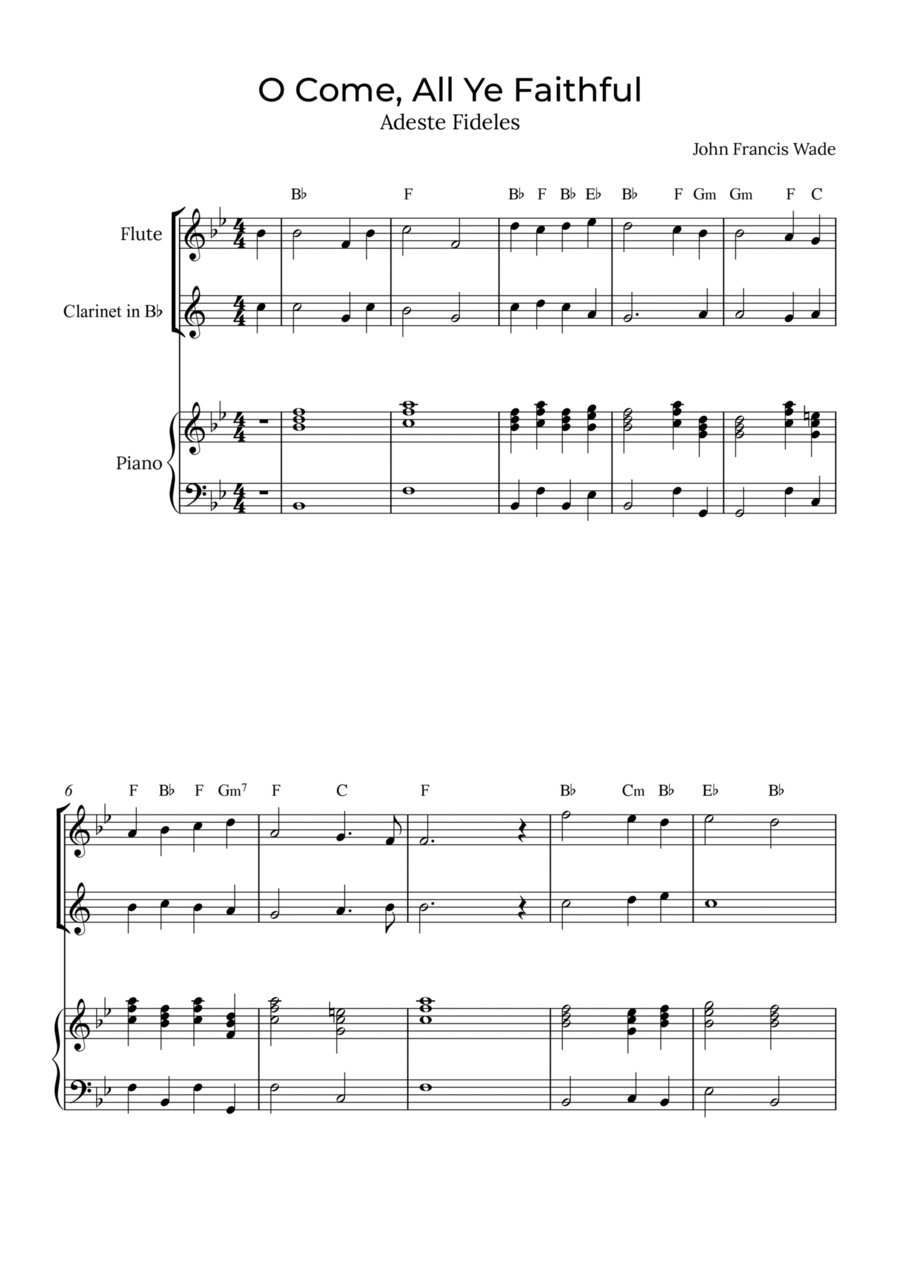 O Come, All Ye Faithful - Flute and clarinet with piano and chords Woodwind Duet scores gallery preview page 1